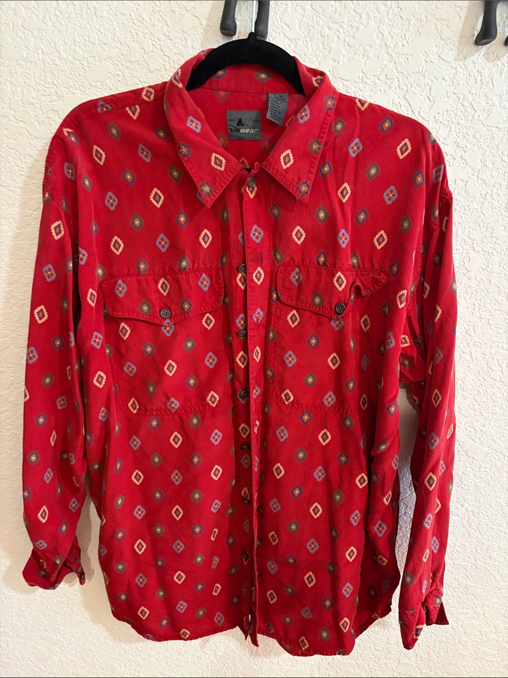 Women's Red Patterned Button-Down Shirt